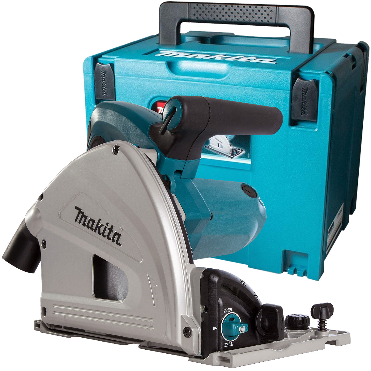 Makita SP6000J/1 110V 165mm Plunge Saw In Case + 2 x Guide Rail Connector Bar With Blade & Clamp