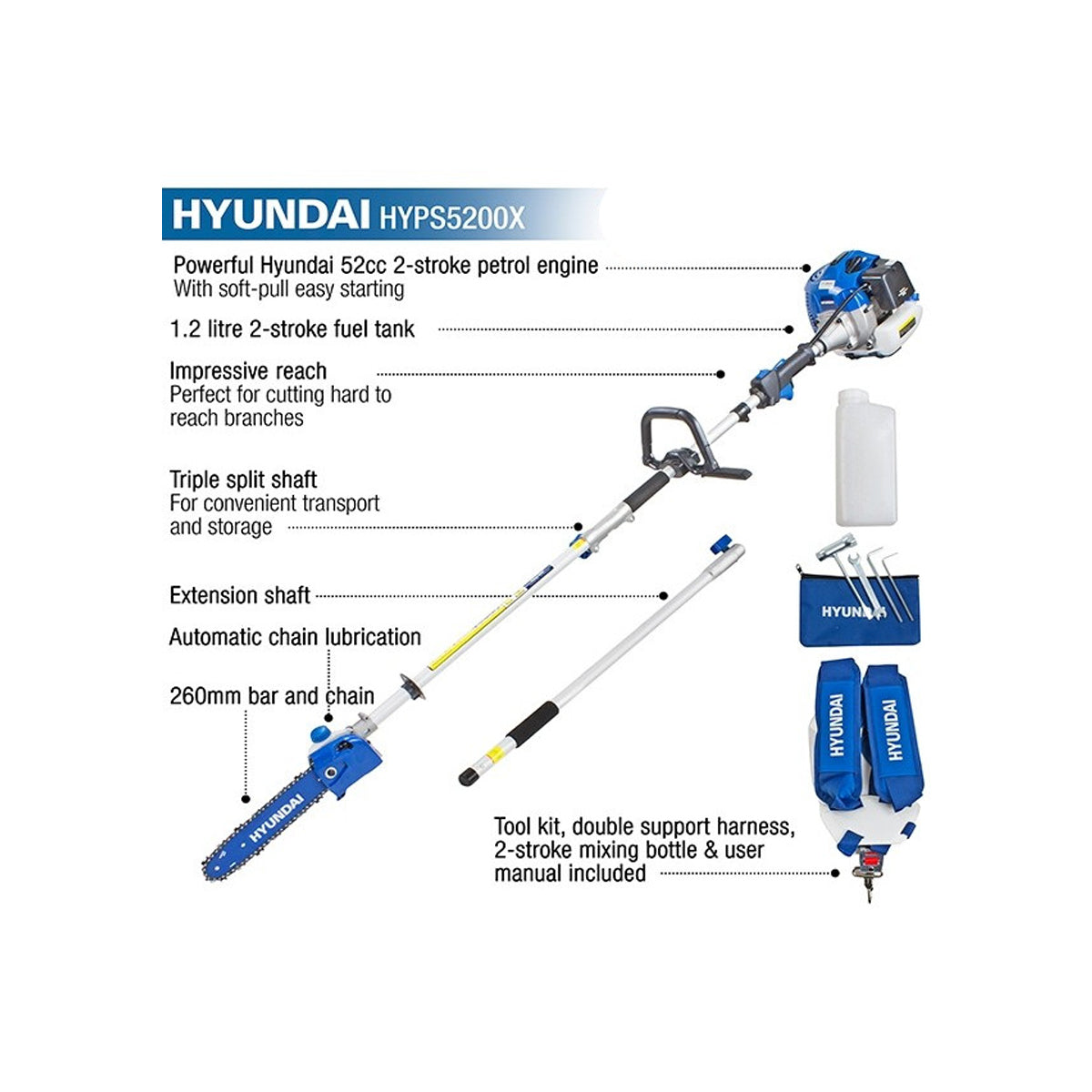 Hyundai HYPS5200X 52cc Long Reach Petrol Pole Saw Pruner Chainsaw