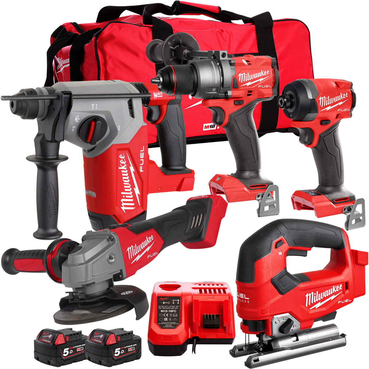 Milwaukee 18V Cordless 5 Piece Tool Kit with 2 x 5.0Ah Batteries & Charger in Bag T4TM-14