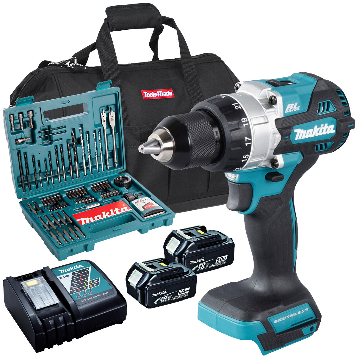 Makita DHP486Z 18V Brushless Combi Drill with 2 x 5.0Ah Battery + Charger + Accessories & Tool Bag
