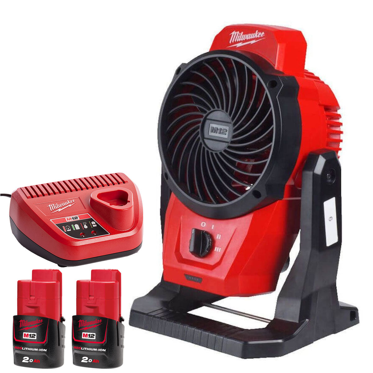 Milwaukee M12AF-0 12V Cordless Air Fan with 2 x 2.0Ah Batteries & Charger