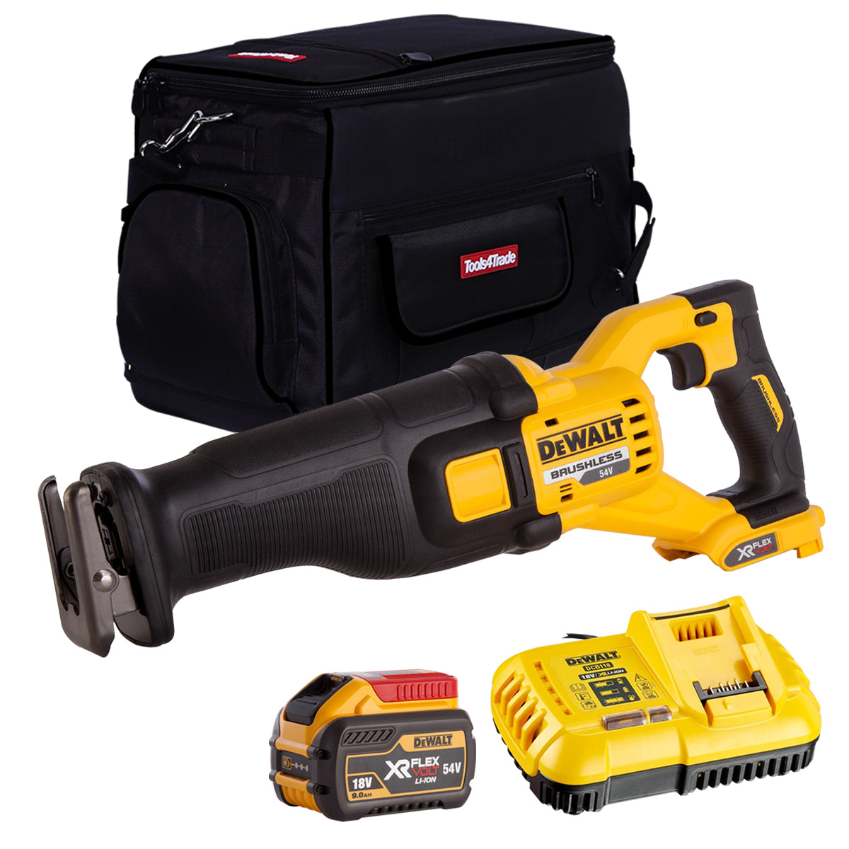Dewalt DCS388N 54V Flexvolt Brushless Reciprocating Saw with 1 x 9.0Ah Battery Charger & 20" Bag