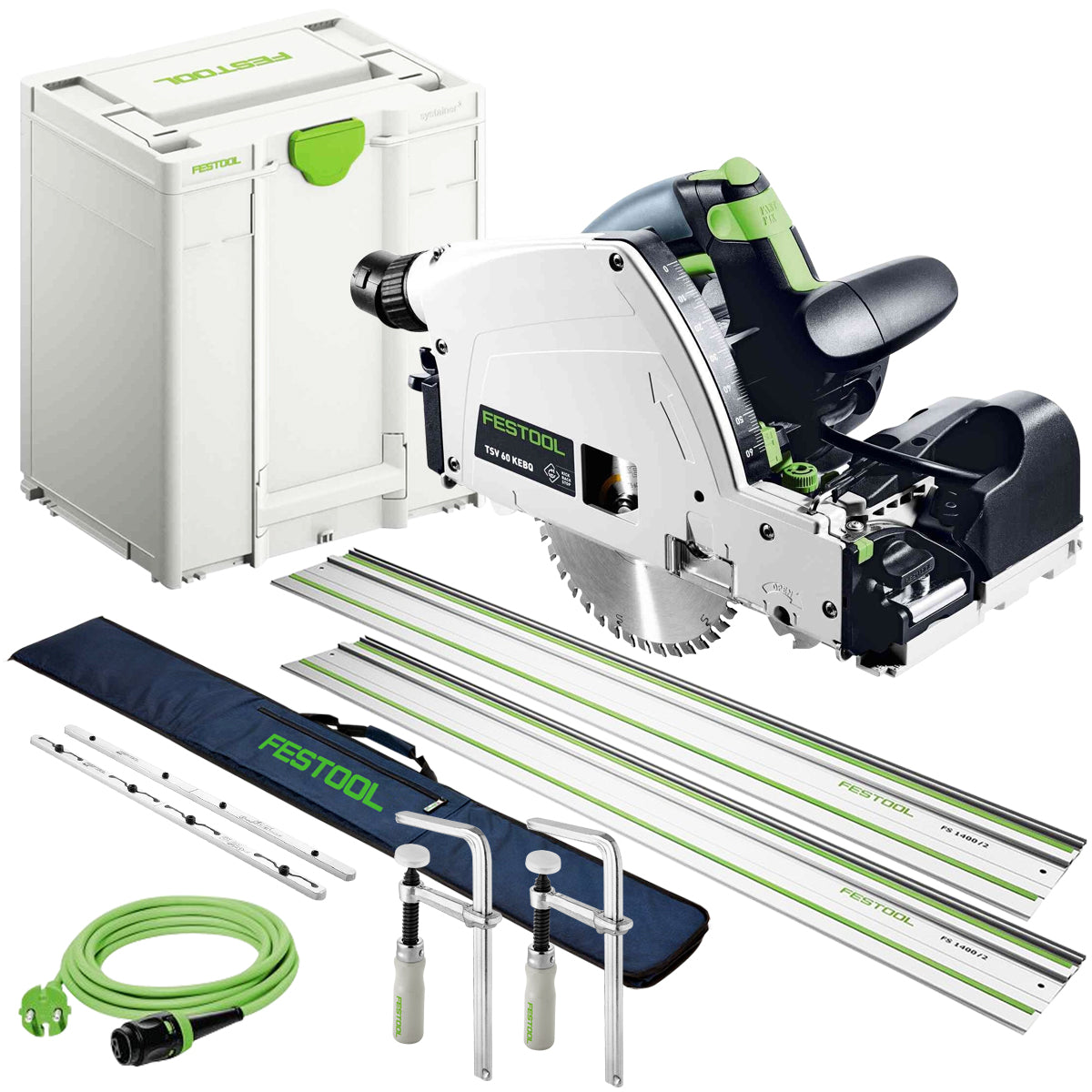 Festool TSV 60 KEB-Plus 110V GB Plunge-Cut Saw - 576734 With 2 x Guide Rail, Connector, Clamp & Bag