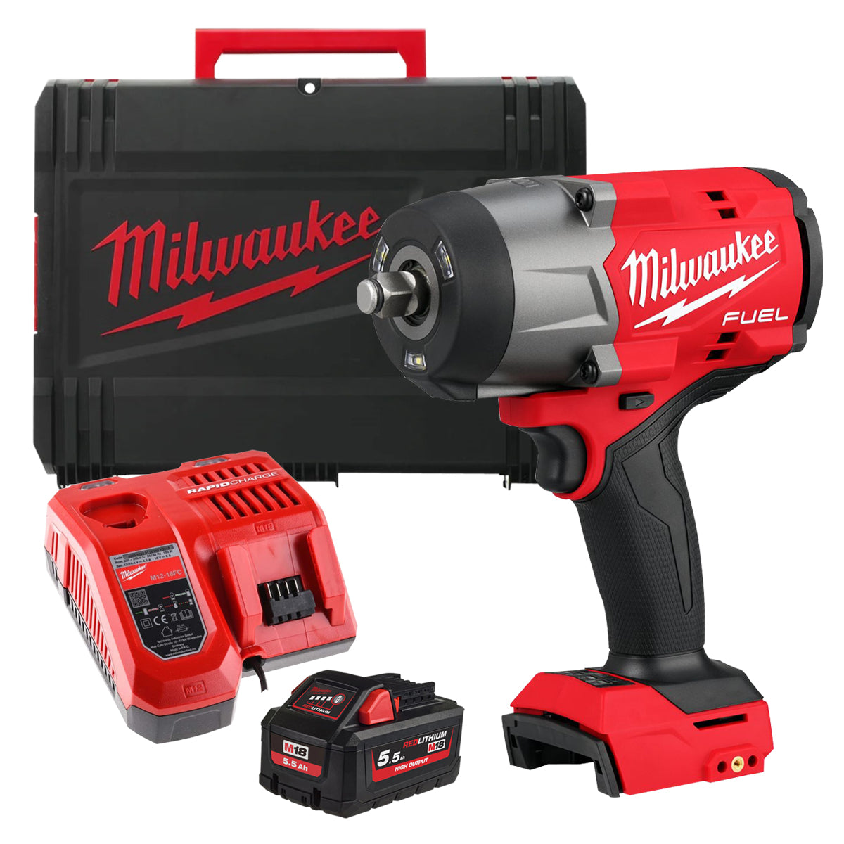 Milwaukee M18FHIW2F12-0X 18V Fuel Brushless 1/2" High Torque Impact Wrench with 1 x 5.5Ah Battery Charger & Case