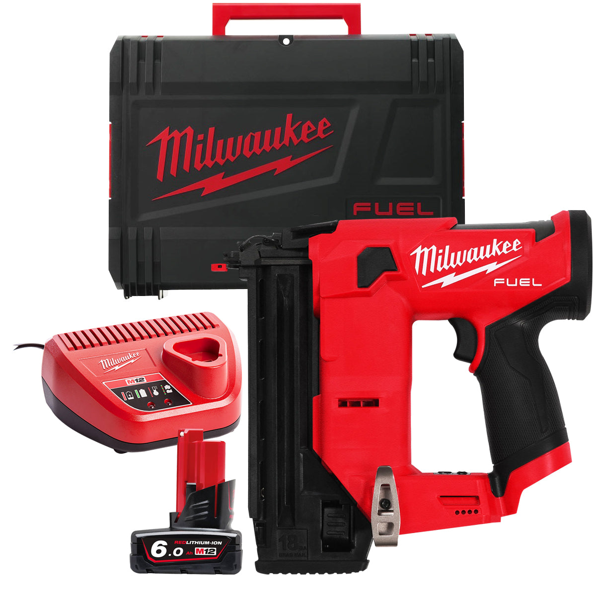 Milwaukee M12FCN18GS-0X 12V FUEL Brushless 18Ga Second Fix Straight Brad Nailer with 1 x 6.0Ah Battery & Charger