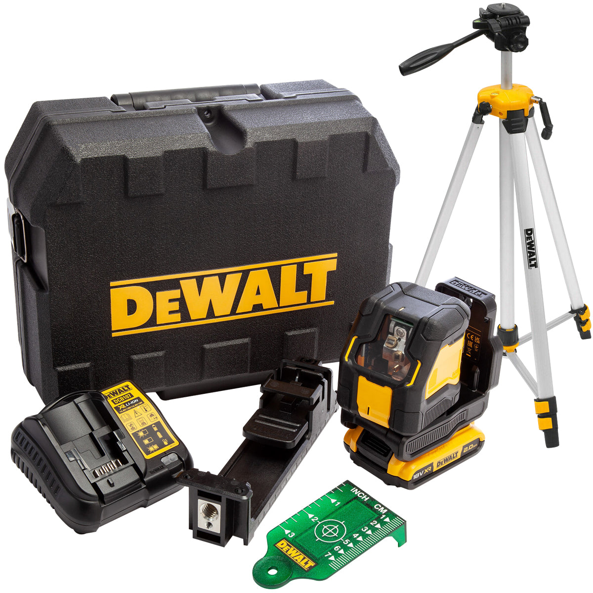 Dewalt DCLE34021D1-GB 18V Green Cross Line Laser 1 x 2.0Ah Battery Charger with Extendable Tripod