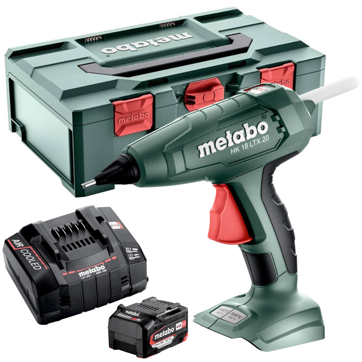 Metabo HK 18 LTX 20 18V Hot Glue Gun with 26 Piece Glue Sticks & 1 x 5.2Ah Battery Charger & Metabox