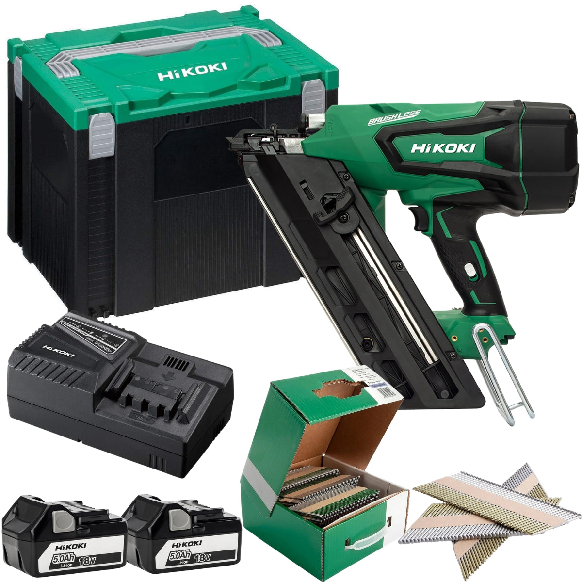 Hikoki NR1890DCJPZ 18V Brushless First Fix Framing Nailer with 2 x 5.0Ah Battery Charger & 64mm Nails Pack of 3300