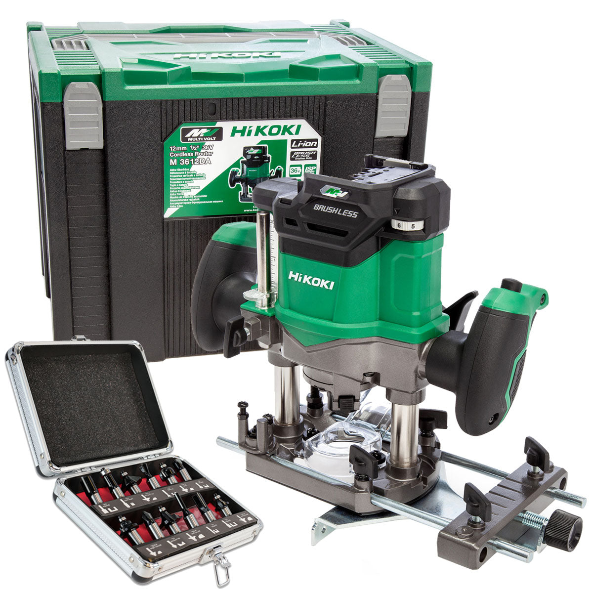 Hikoki M3612DAJ2Z 36V Brushless 1/2" Plunge Router with 12 Piece Cutter Set
