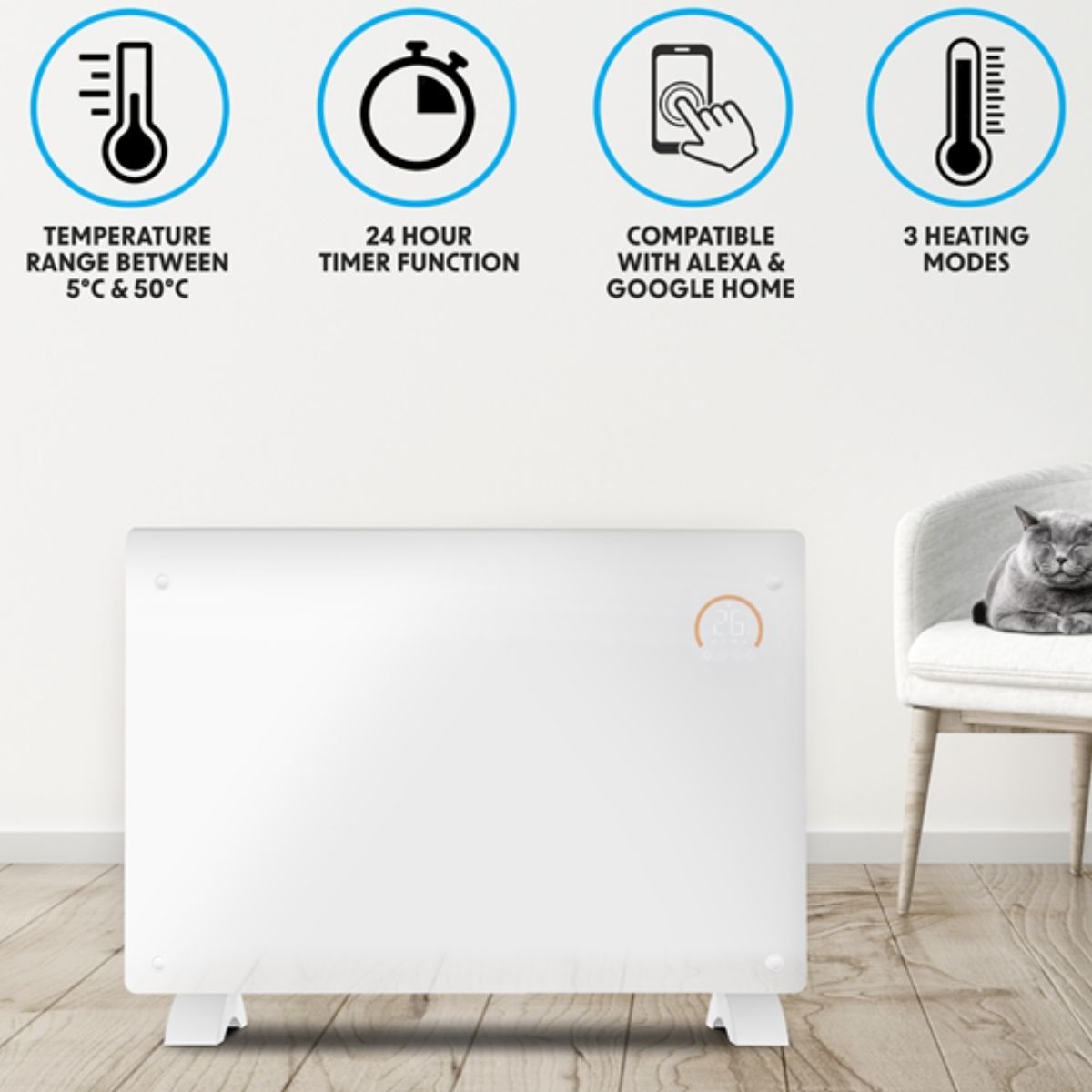 Baridi DH140 Electric Glass Panel Heater White 2000W