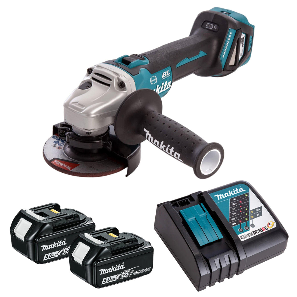 Makita DGA463Z 18V Brushless 115mm Angle Grinder with 2 x 5.0Ah Battery & Charger