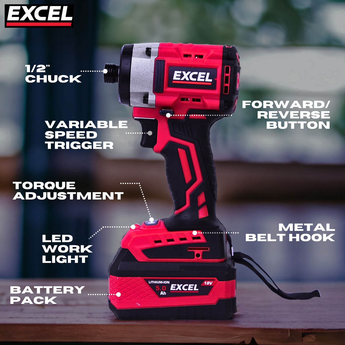 Excel 18V Cordless Brushless Impact Driver with 1 x 2.0Ah Battery Charger & Bag