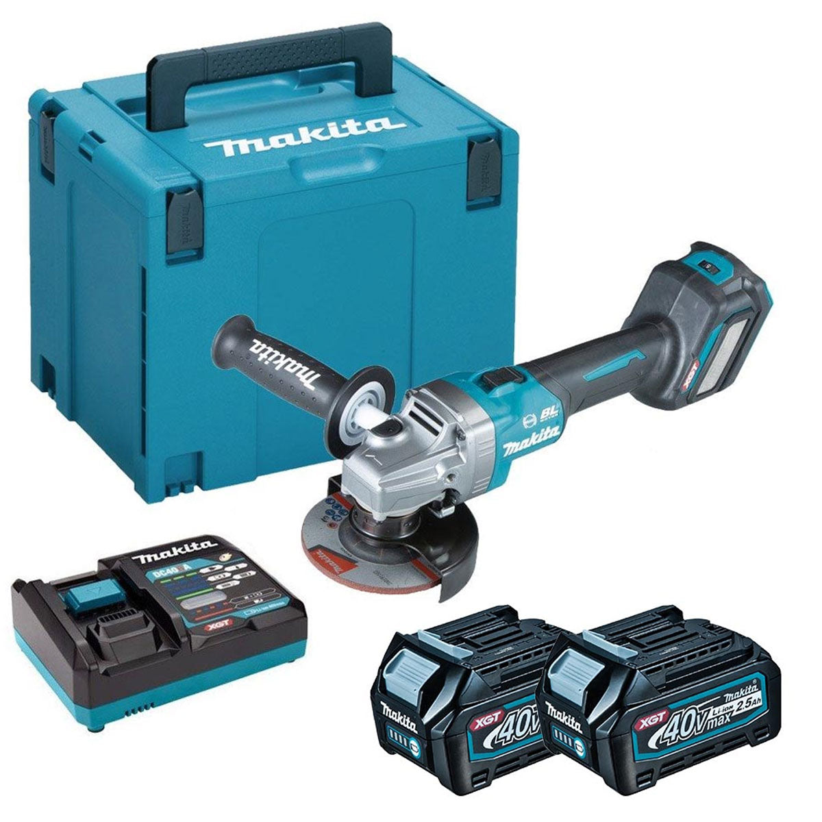 Makita GA022GD201 40V XGT Brushless 115mm Angle Grinder with 2 x 2.5Ah Battery, Charger & Case