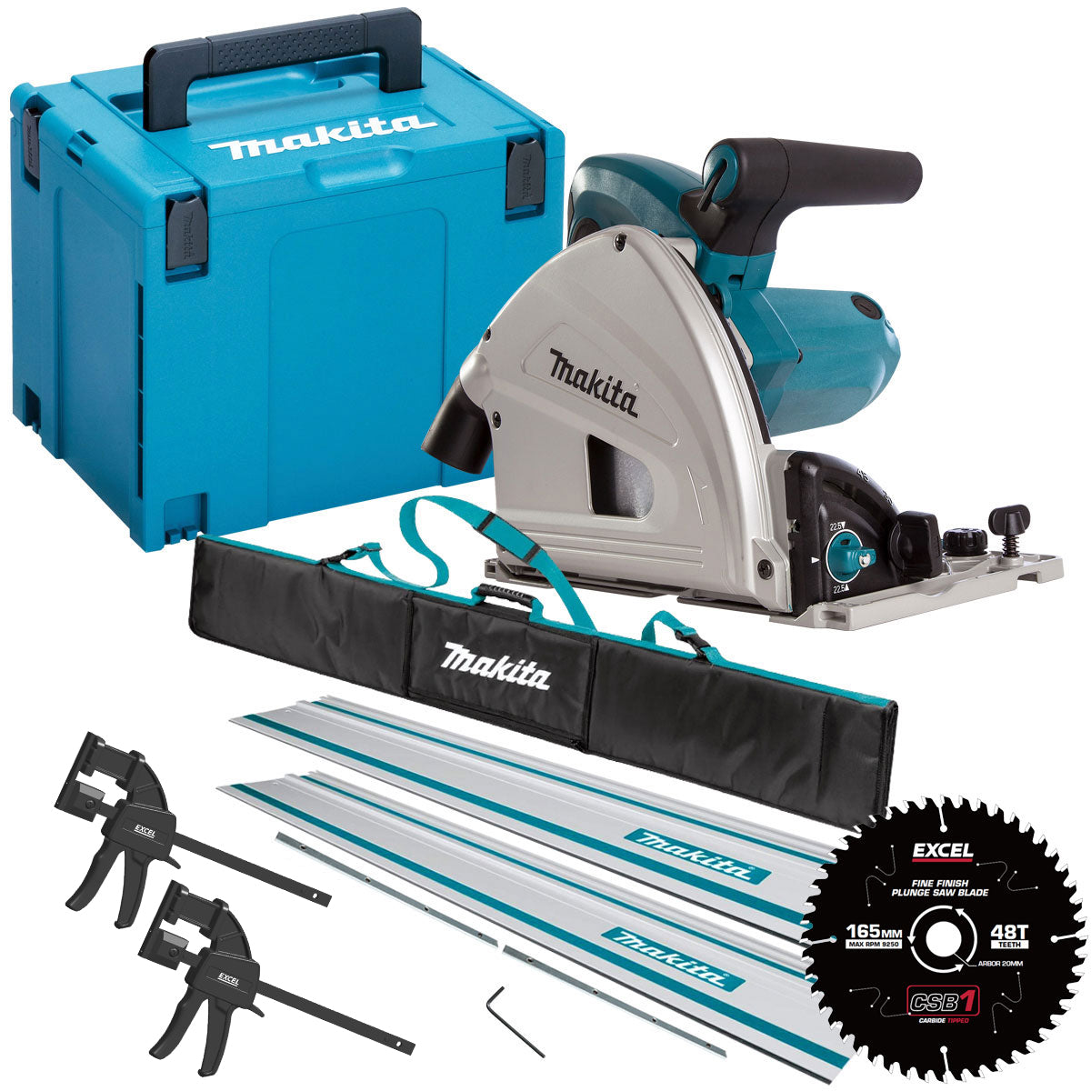 Makita SP6000J2 240V 165mm Plunge Saw + 2 x Rails, Connector Bar, Clamp with Blade & Bag