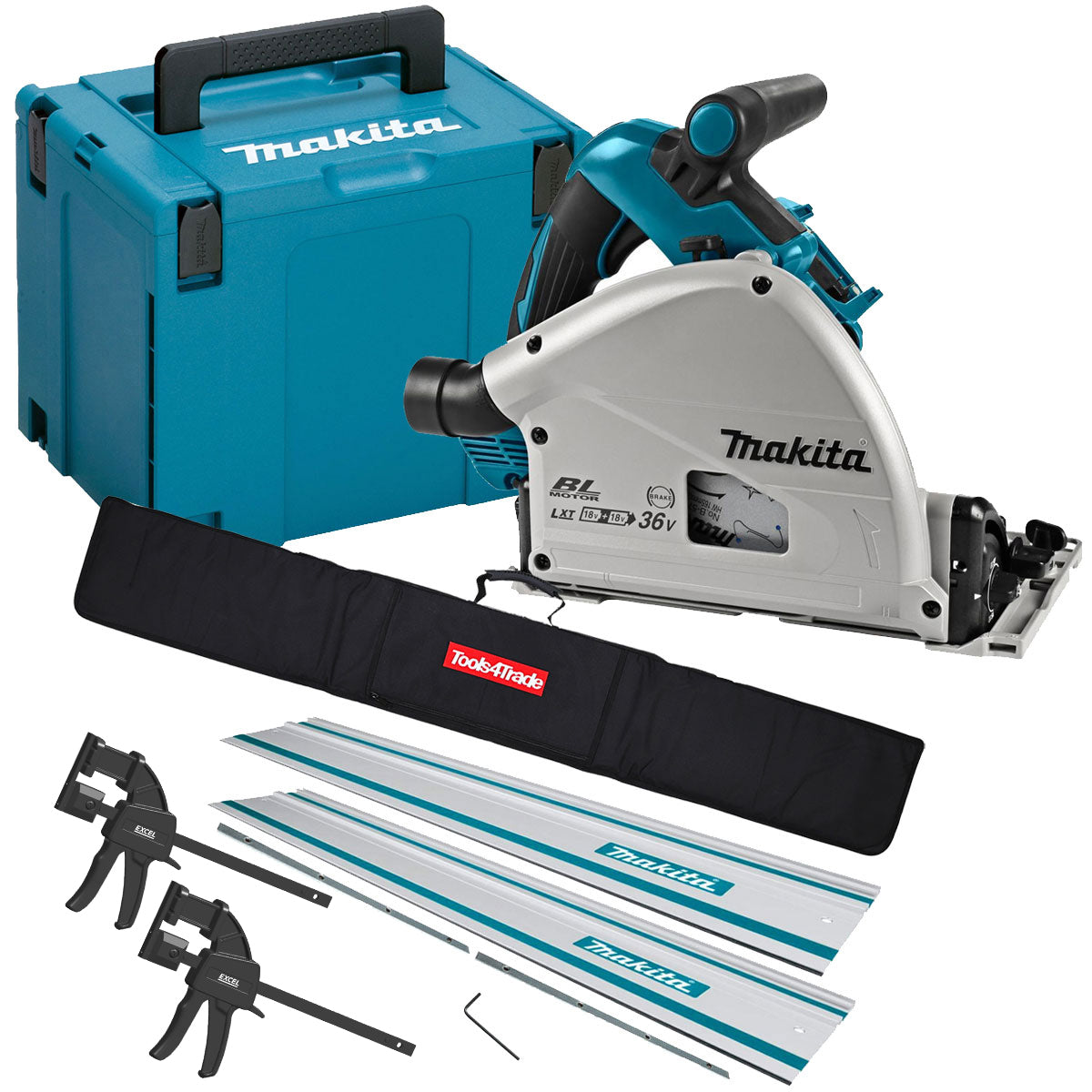 Makita DSP601ZJU 36V Brushless AWS Plunge Saw + 2 x Guide Rail, Connector & Clamp Set