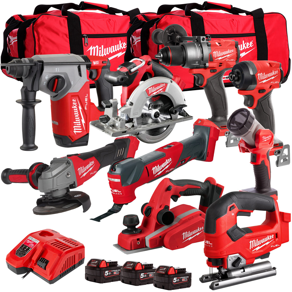 Milwaukee 18V Cordless 9 Piece Tool Kit with 3 x 5.0Ah Batteries & Charger in Bag T4TM-5