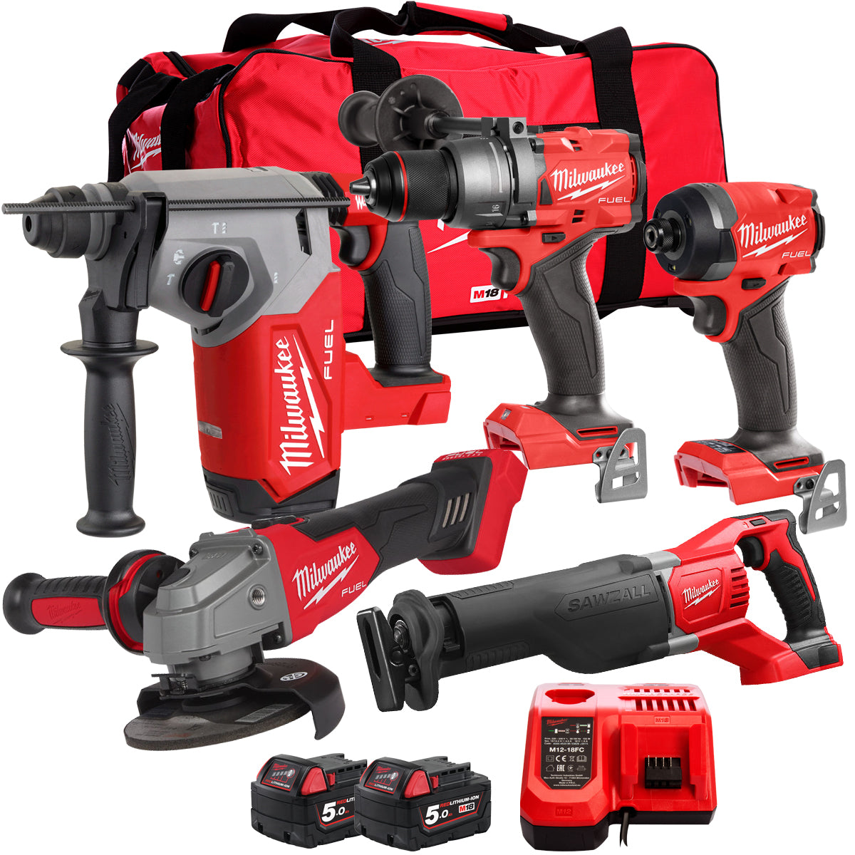 Milwaukee 18V Cordless 5 Piece Tool Kit with 2 x 5.0Ah Batteries & Charger in Bag T4TM-16
