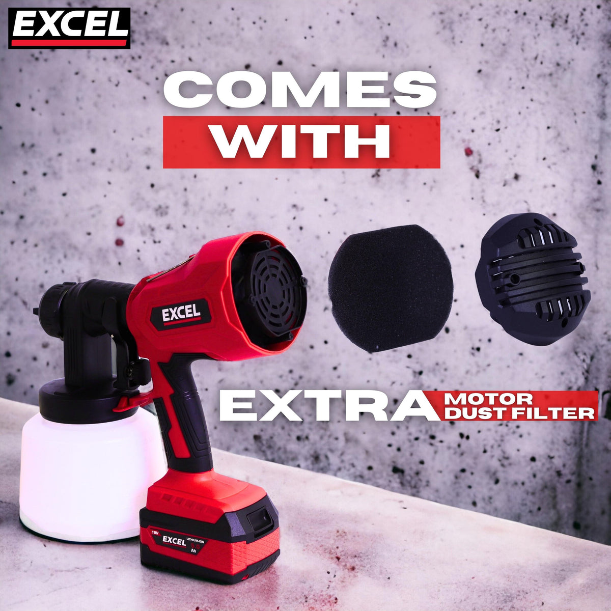 Excel 18V Cordless 1000ml Spray Gun with 1 x 4.0Ah Battery & Charger