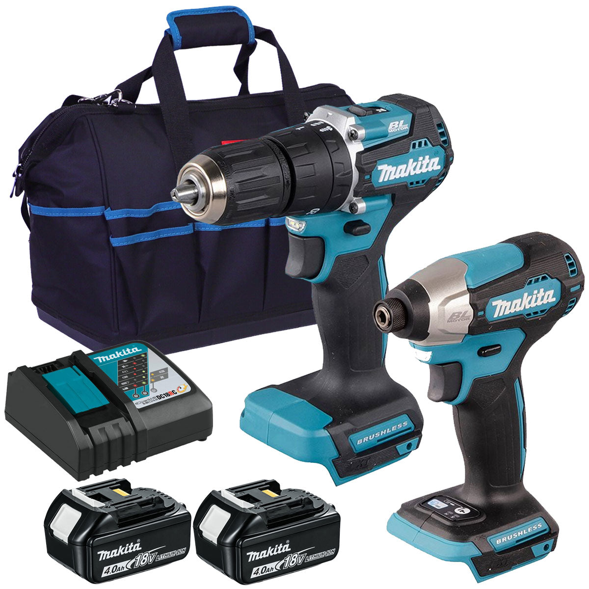 Makita DLX2414MJB 18V Brushless Twin Pack Combi Drill & Impact Driver with 2 x 4.0Ah Battery Charger & Bag