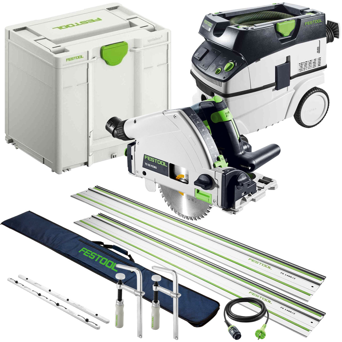 Festool TS 55 FEBQ-Plus 230V GB Circular Plunge-Cut Saw - 576706 With Guide Rail Set & Mobile Dust Extractor