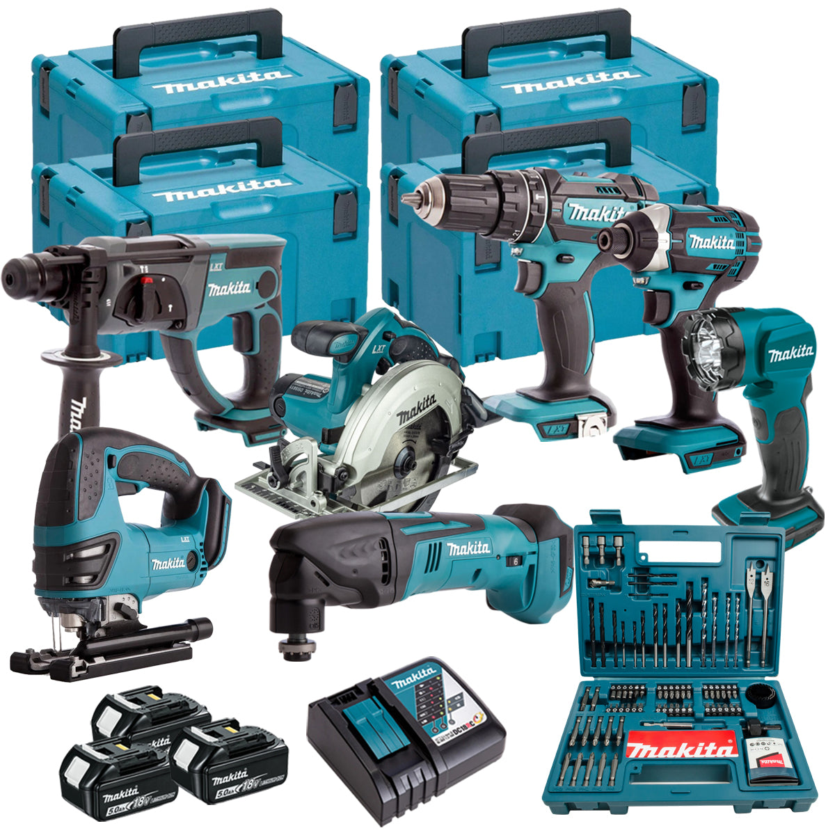 Makita 18V 7 Piece Power Tool Kit with 3 x 5.0Ah Battery Charger & 100 Piece Bit Set T4TKIT-16452