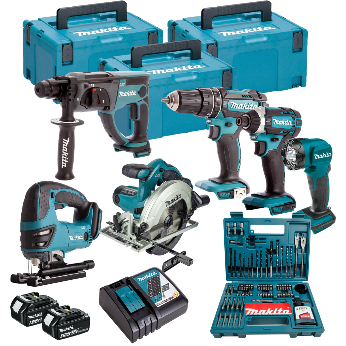 Makita 18V 6 Piece Power Tool Kit with 2 x 5.0Ah Battery Charger & 100 Piece Bit Set T4TKIT-16455