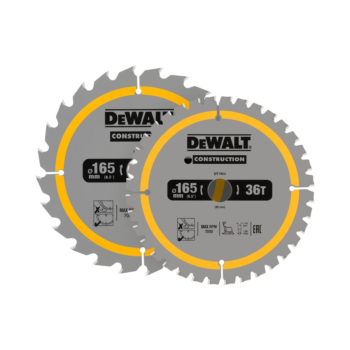 Dewalt DT90270-QZ 165mm x 20mm 24T & 36T Construction Circular Saw Blades Pack of 2