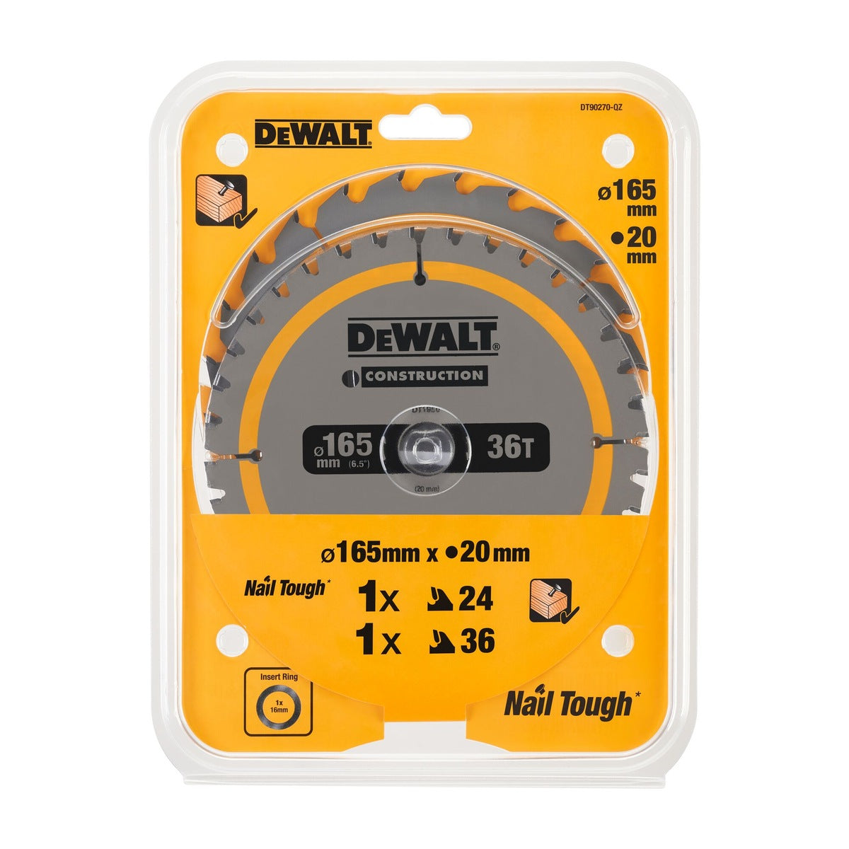 Dewalt DT90270-QZ 165mm x 20mm 24T & 36T Construction Circular Saw Blades Pack of 2