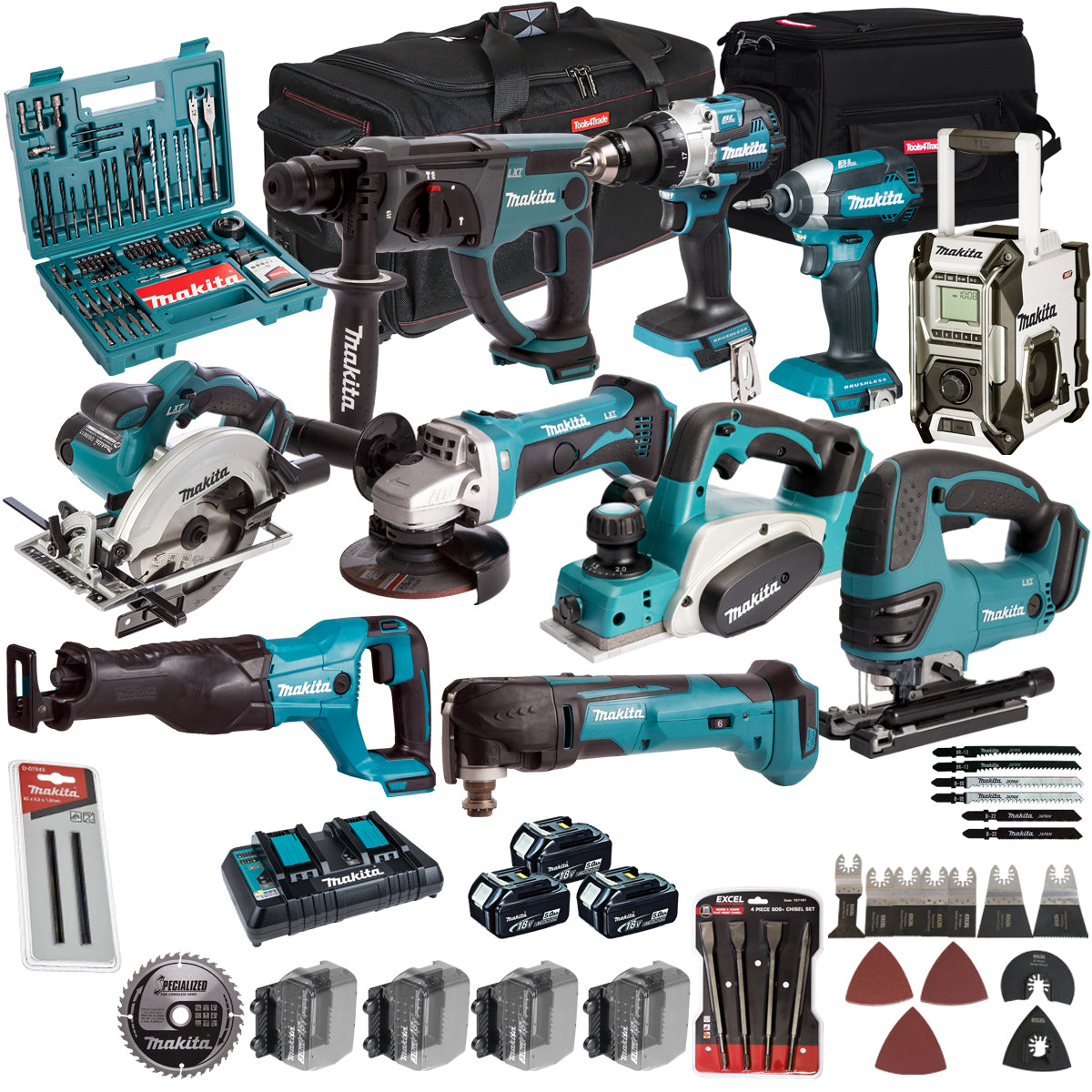 Makita 18V 10 Piece Combo Kit with 3 x 5.0Ah Battery Charger & Accessories Set T4TKIT-17227