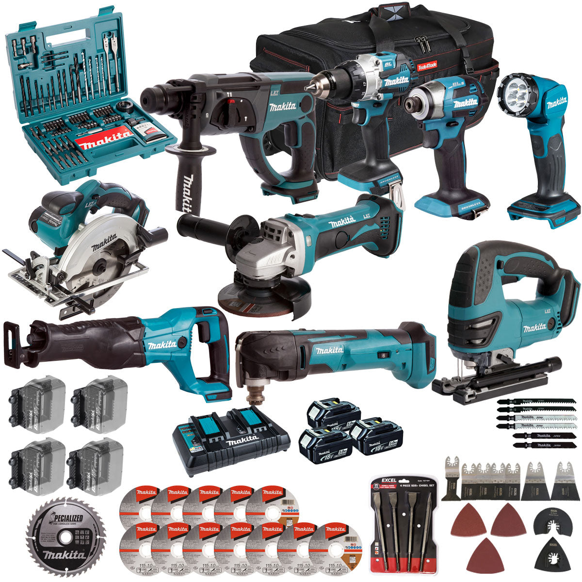 Makita 18V 9 Piece Combo Kit with 3 x 5.0Ah Battery Charger & Accessories Set T4TKIT-17229