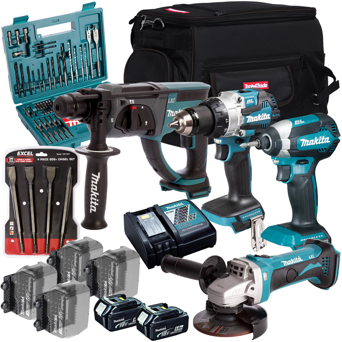 Makita 18V 4 Piece Combo Kit with 2 x 5.0Ah Battery Charger & Accessories Set T4TKIT-17235