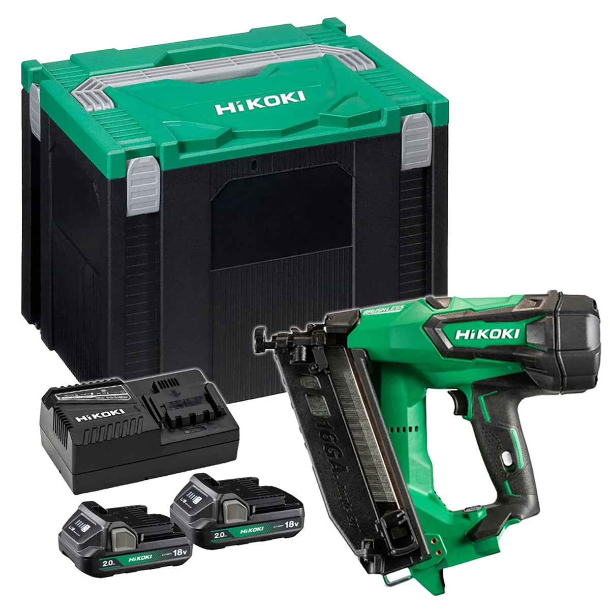 Hikoki NT1865DMBJYZ 18V Brushless 16G Second Fix Angled Finish Nail Gun with 2 x 2.0Ah Battery, Charger & Case
