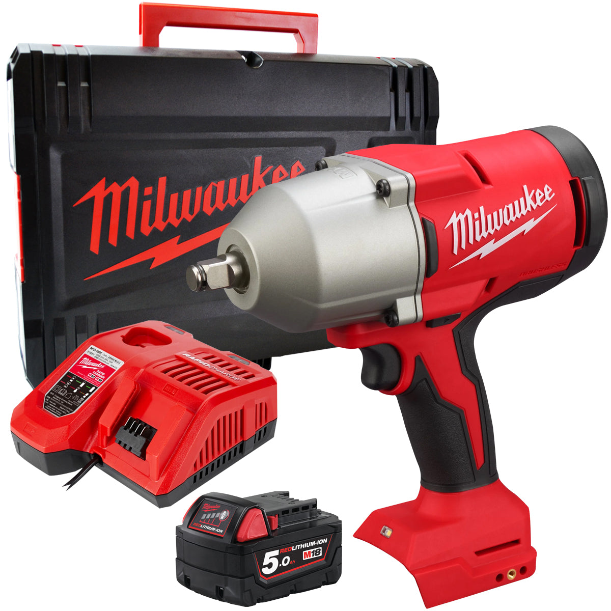 Milwaukee M18BLHIWF12-0X 18V Brushless 1/2" Impact Wrench with 1 x 5.0Ah Battery Charger & Case