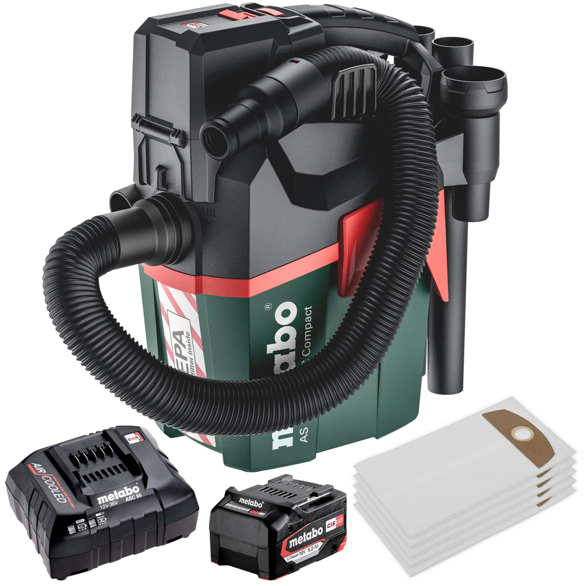 Metabo AS 18 HEPA PC 18V Compact Vacuum Cleaner with 1 x 5.2Ah Battery Charger & 5 Filter Bags