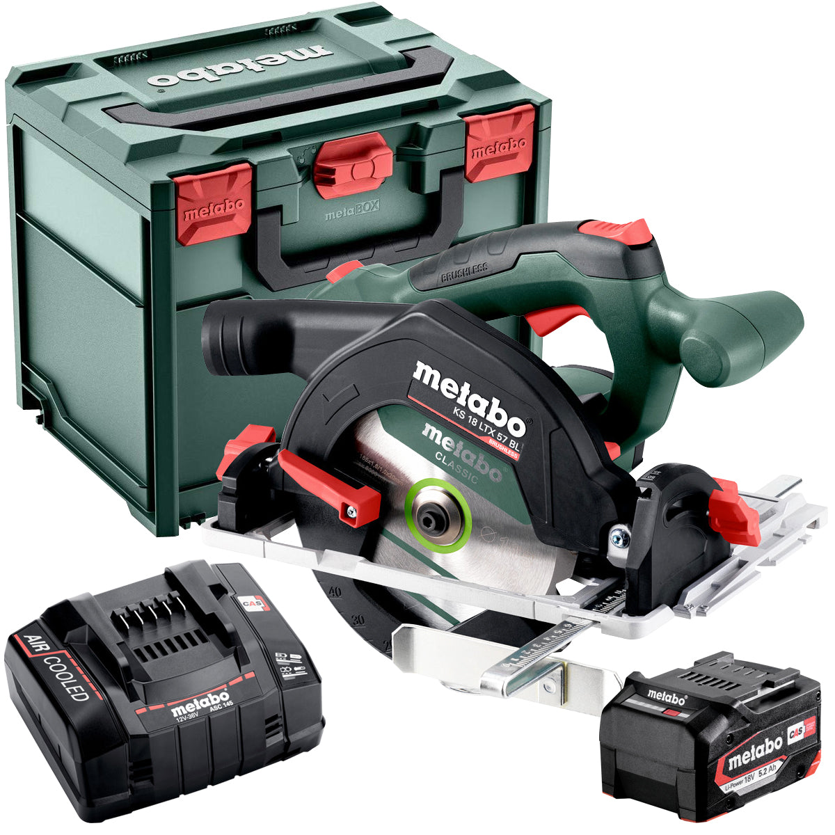 Metabo KS 18 LTX 57 BL 18V Brushless 165mm Circular Saw with 1 x 5.2Ah Battery Charger & Metabox