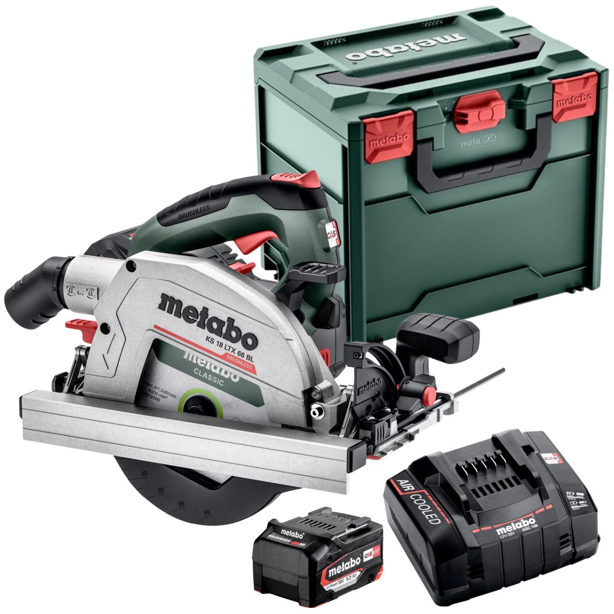 Metabo KS 18 LTX 66 BL 18V Brushless 165mm Circular Saw with 1 x 5.2Ah Battery Charger & Metabox