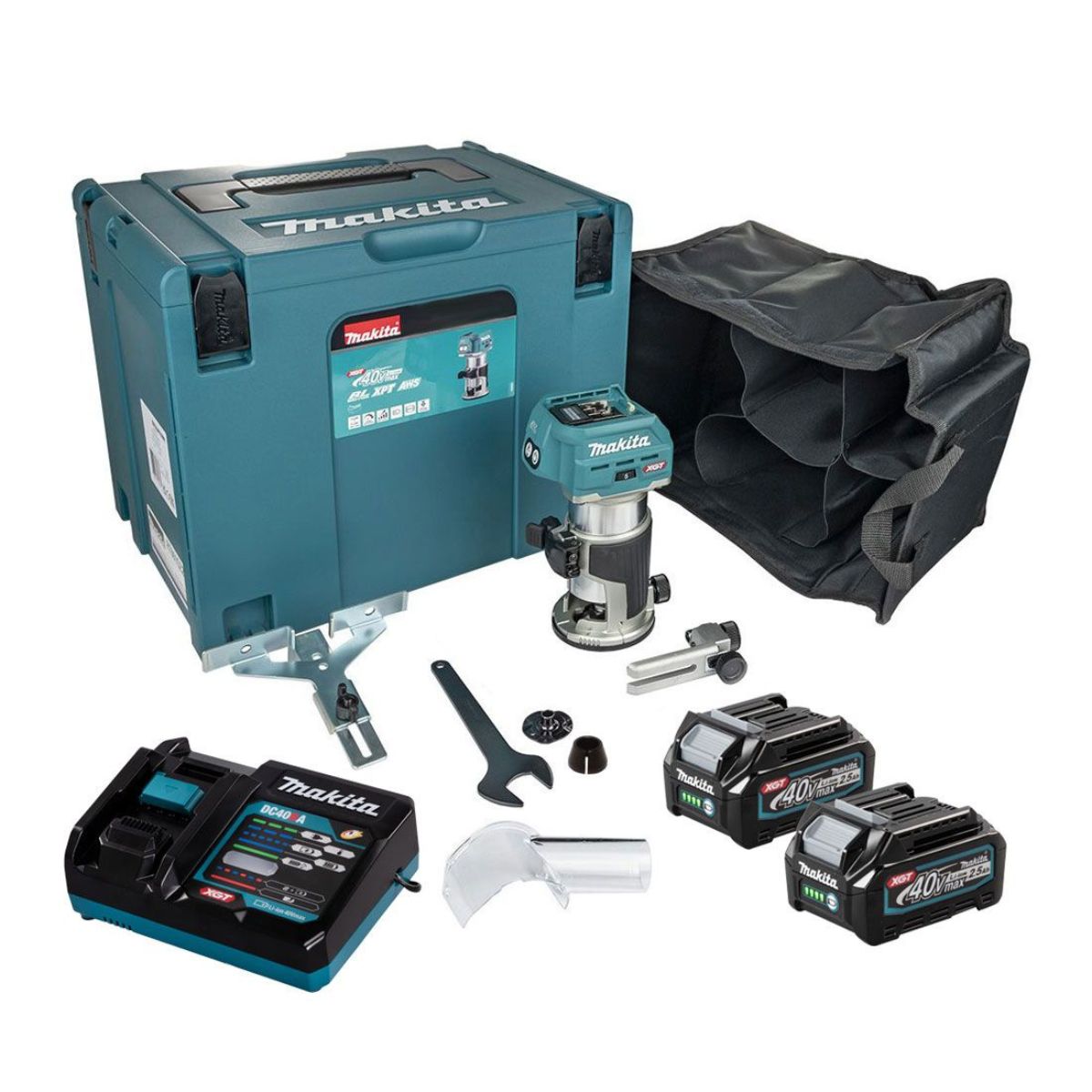 Makita RT001GD203 40V XGT Brushless Router Trimmer with 2 x 2.5Ah Battery, Charger & Case