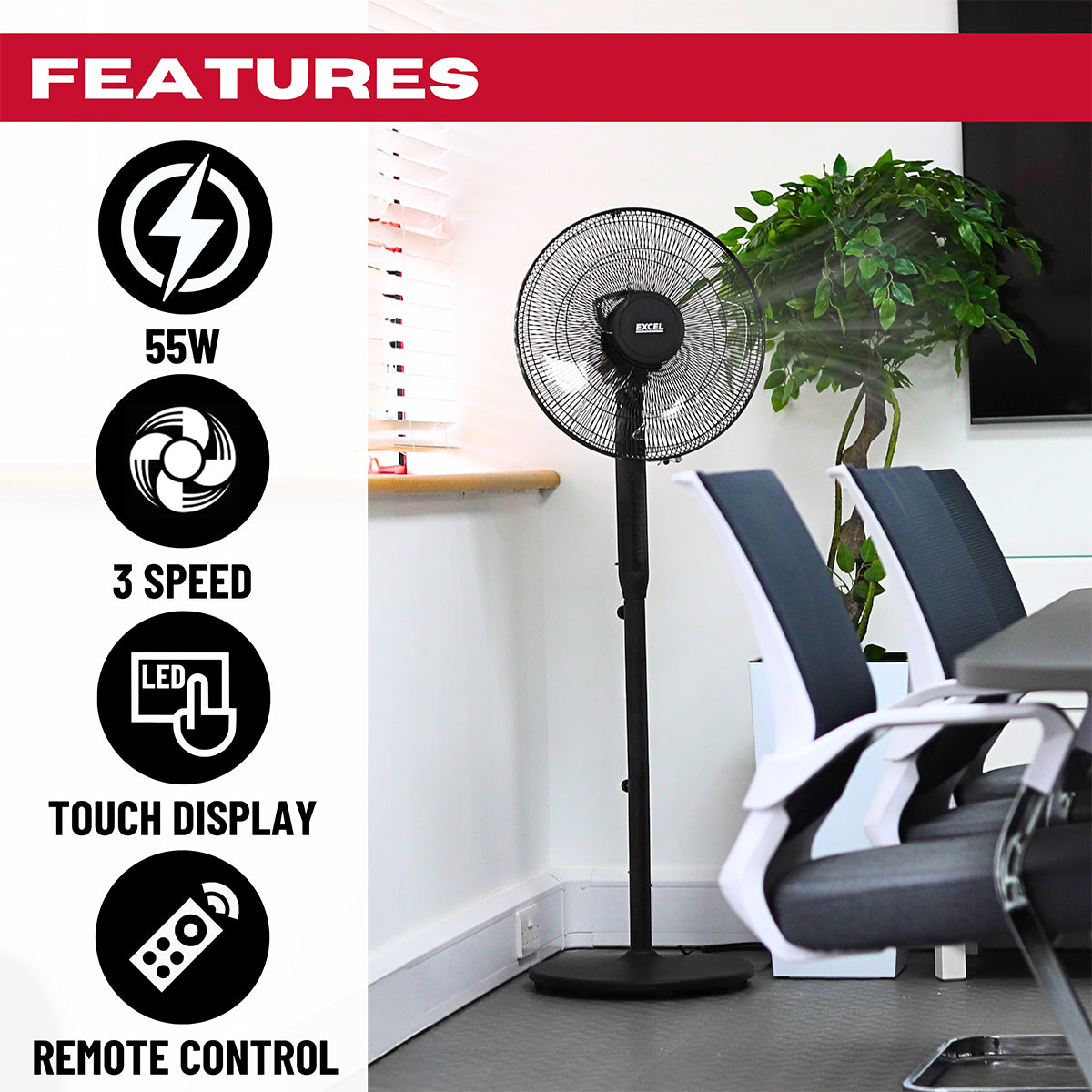 Excel 16" Height Adjustable Pedestal Fan Digital Touch Panel with Remote Control Black
