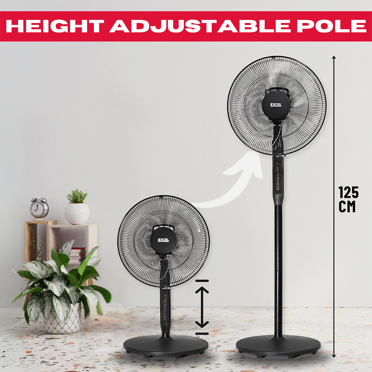 Excel 16" Height Adjustable Pedestal Fan Digital Touch Panel with Remote Control Black