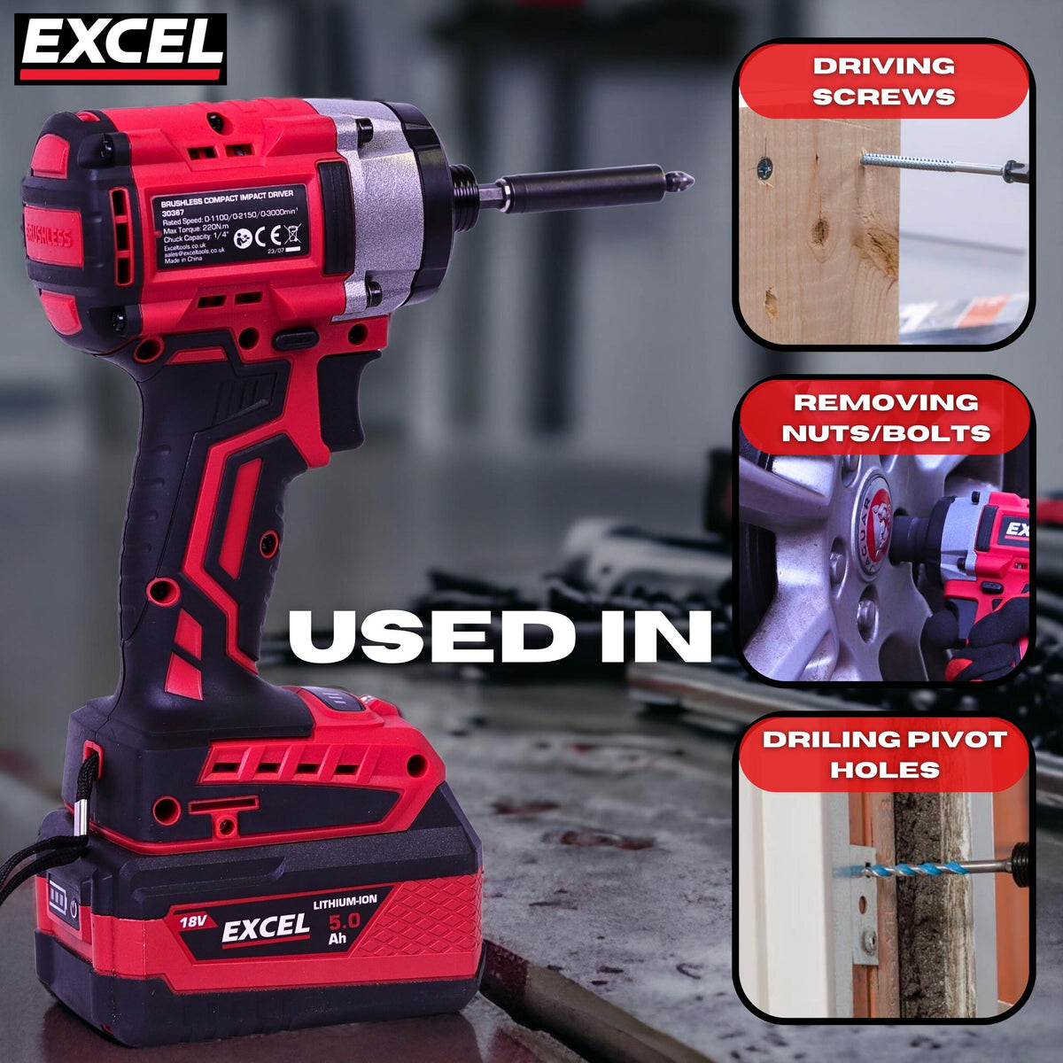 Excel 18V Cordless Brushless Impact Driver with 1 x 2.0Ah Battery Charger & Bag