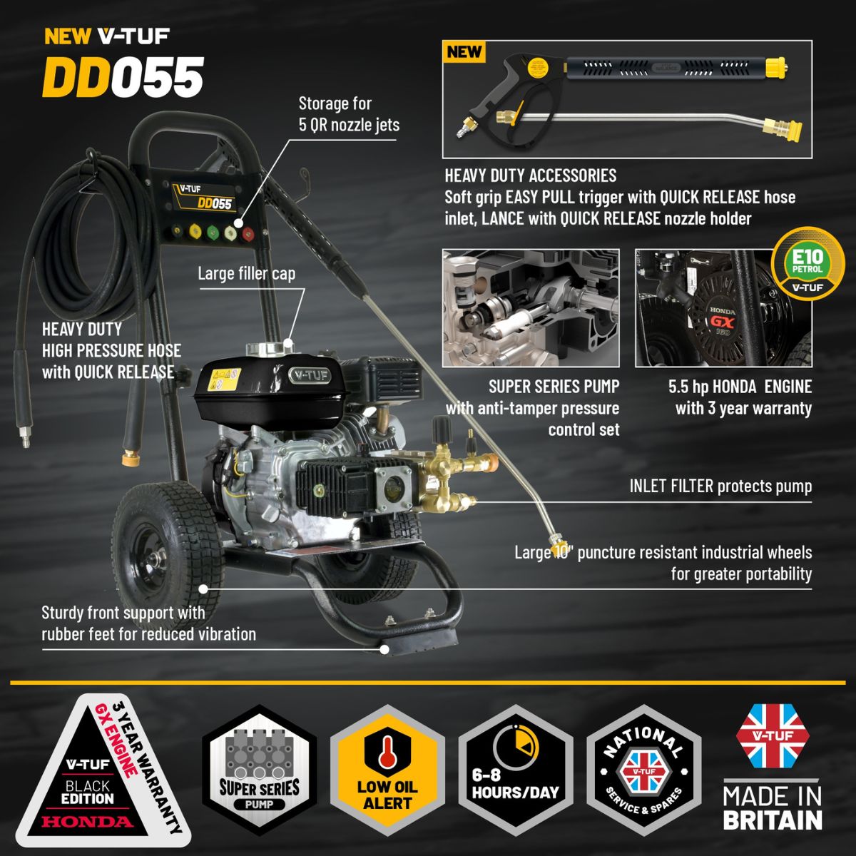 V-TUF DD055 Industrial 5.5HP Honda Driven Petrol Pressure Washer 2000psi 140Bar 13.2L/min