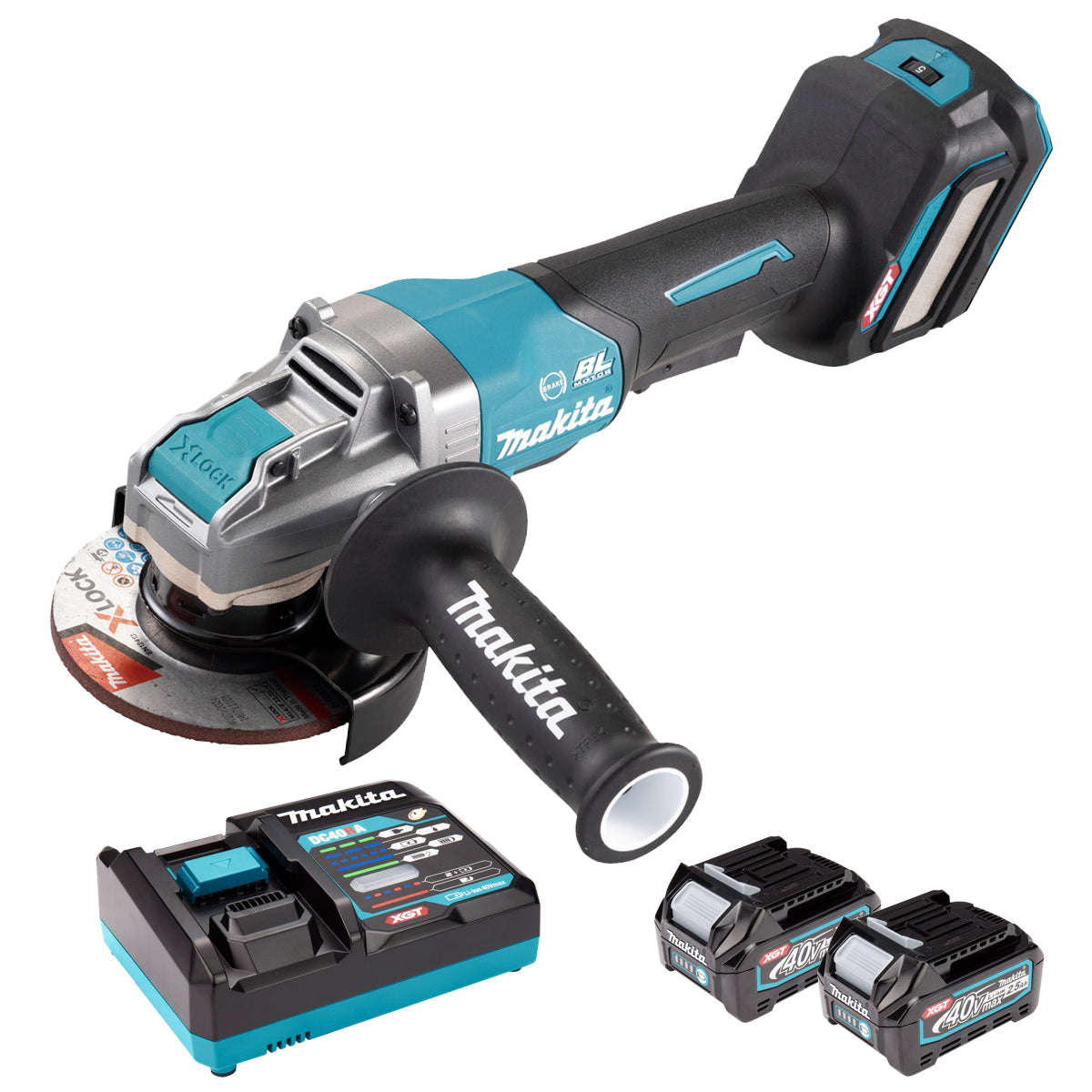 Makita GA043GD201 40V XGT X-Lock 115mm Paddle Switch Angle Grinder with 2 x 2.5Ah Battery & Charger