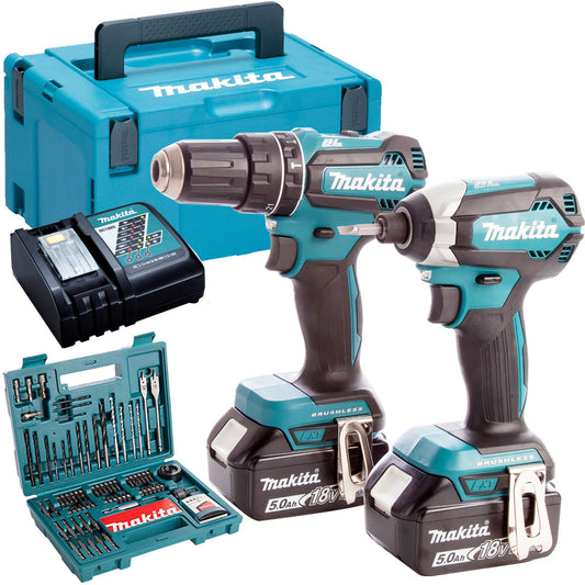 Makita DLX2283TJ 18V Brushless Twin Kit 2 x 5.0Ah Batteries & 100 Piece Drill Set